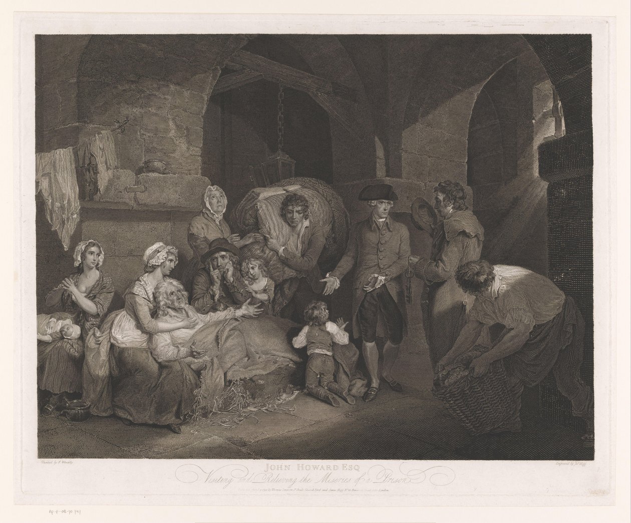 John Howard besöker en familj i fängelse John Howard Esq Visiting and Relieving the Miserie of a Prison (titel på objekt) av James Hogg