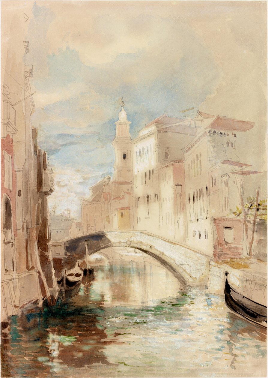 Bro över en kanal i Venedig (kroppsfärg på papper) av James Holland