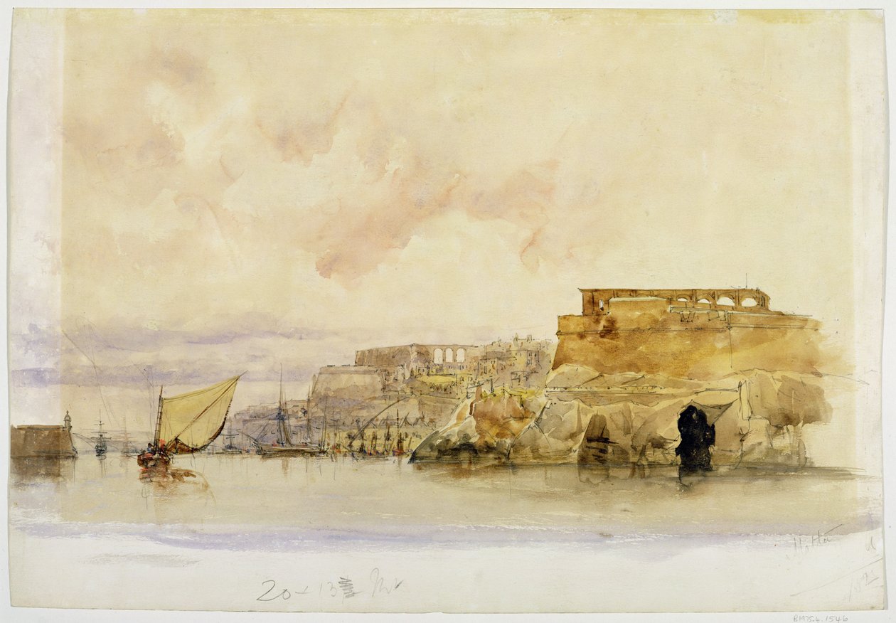 Kustscen med segelbåtar (akvarell, kroppsfärg över grafit på papper) av James Holland