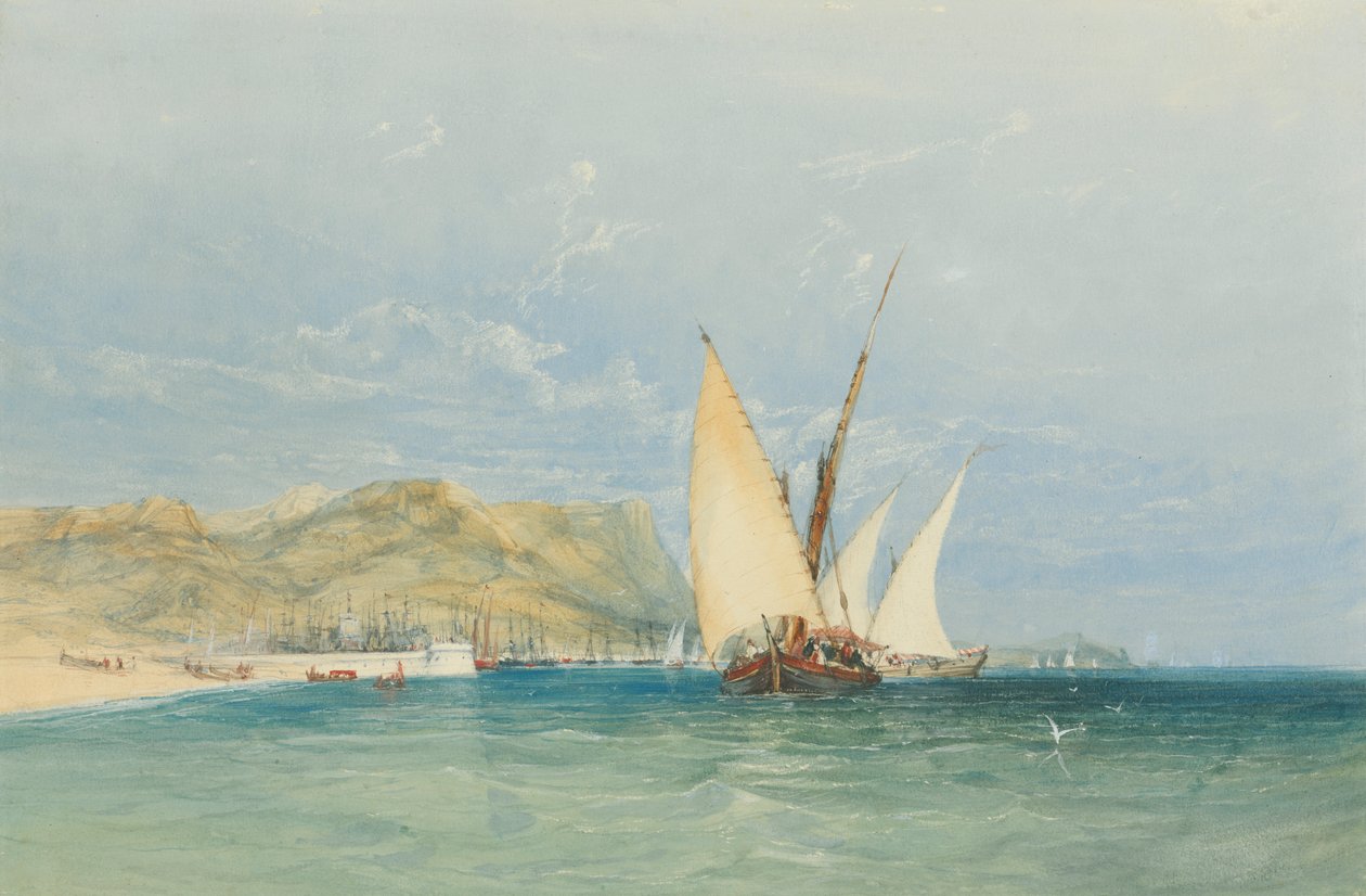 Kustscen med segelbåtar av James Holland
