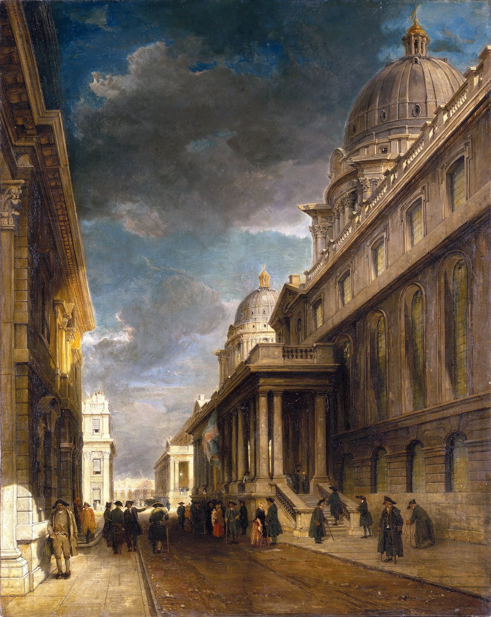 Greenwich Hospital (England) (numera College Walk), sett från väster mot Grand Square. Olja på duk av James Holland