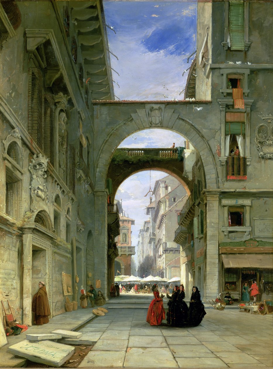 Piazza dei Signori i Verona med marknadsplatsen, 1844 av James Holland