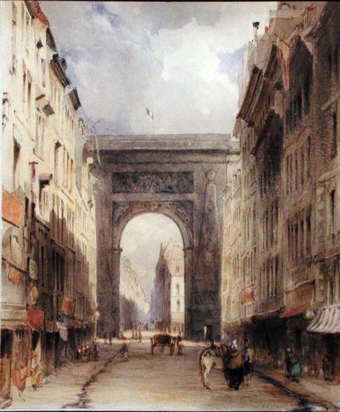 Rue Vivienne och Porte St. Denis, Paris, ca 1830 (akvarell på papper) av James Holland