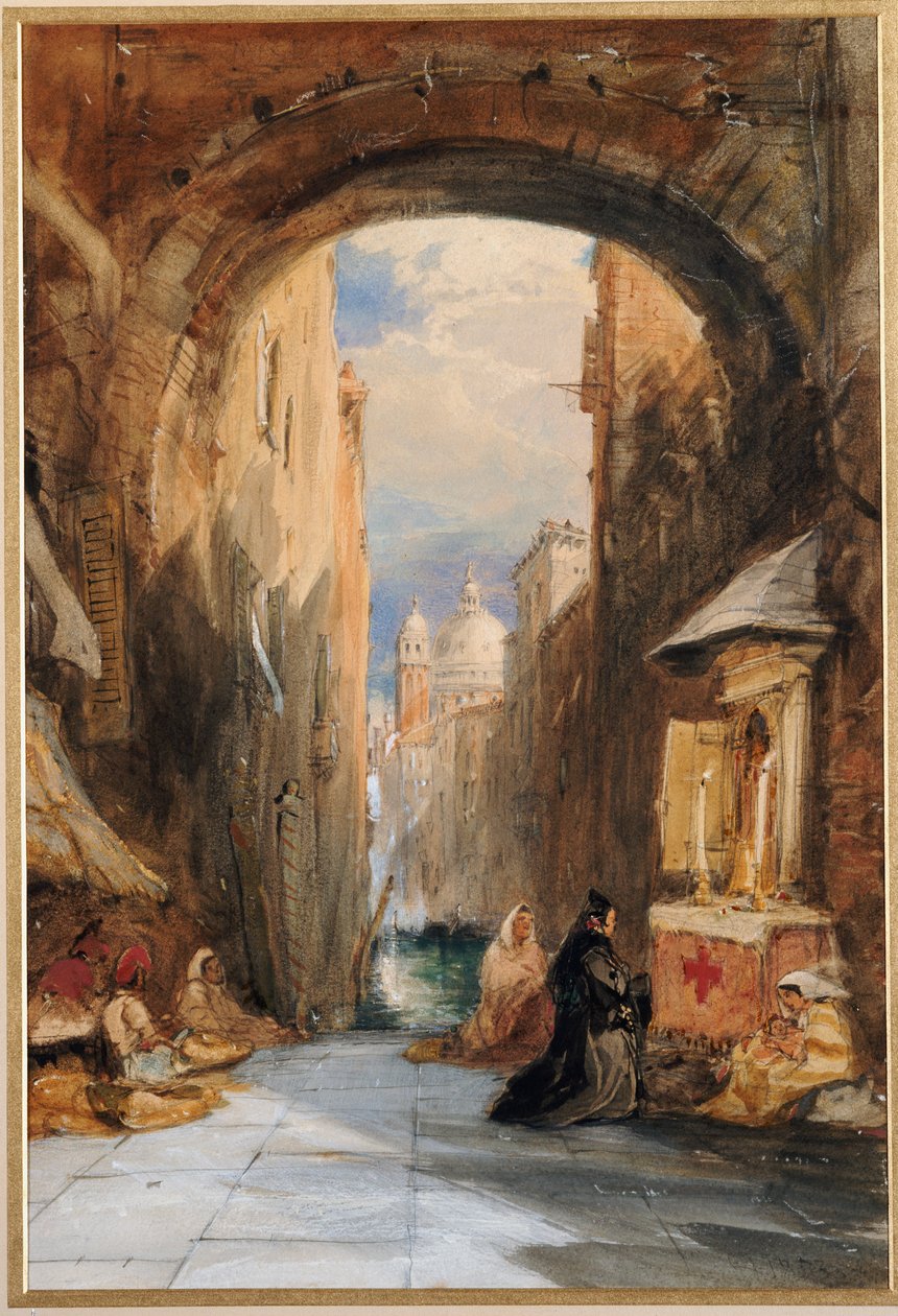 Venedig: en Edicola under en Archway, med Santa Maria della Salute in the Distance, 1853 av James Holland