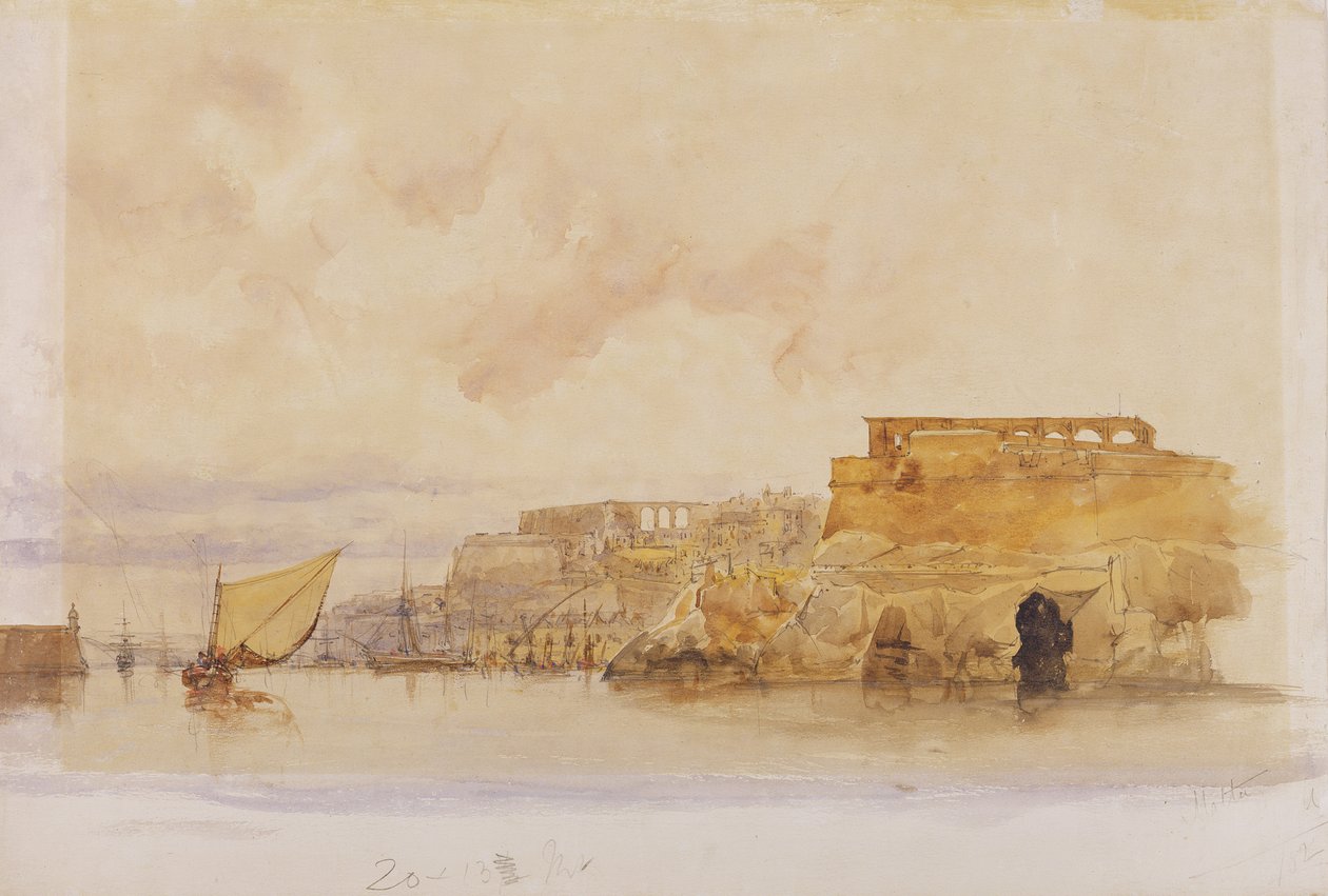 Utsikt över Valletta, Malta (akvarell med kroppsfärg över grafit på papper) av James Holland