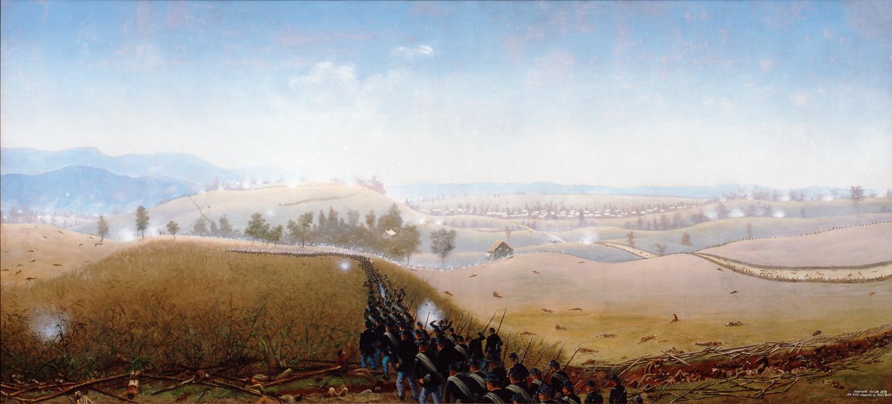 7th Maine rycker fram över sydstaternas kroppar i "Sunken Road" (olja på duk) av James Hope