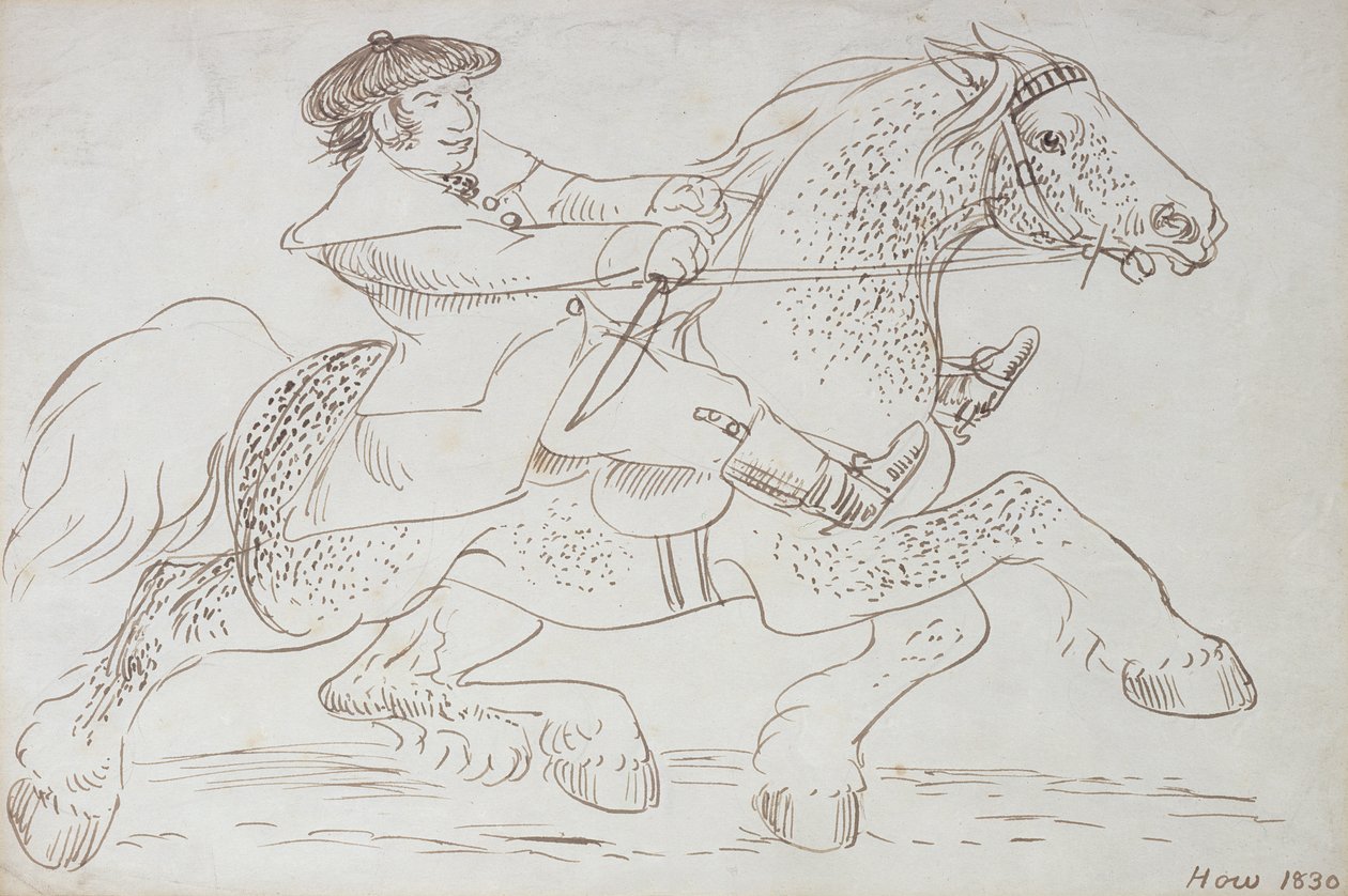 En hästhandlare sätter en ung Clydesdale i sin takt, 1830 (sepia bläck på papper) av James Howe