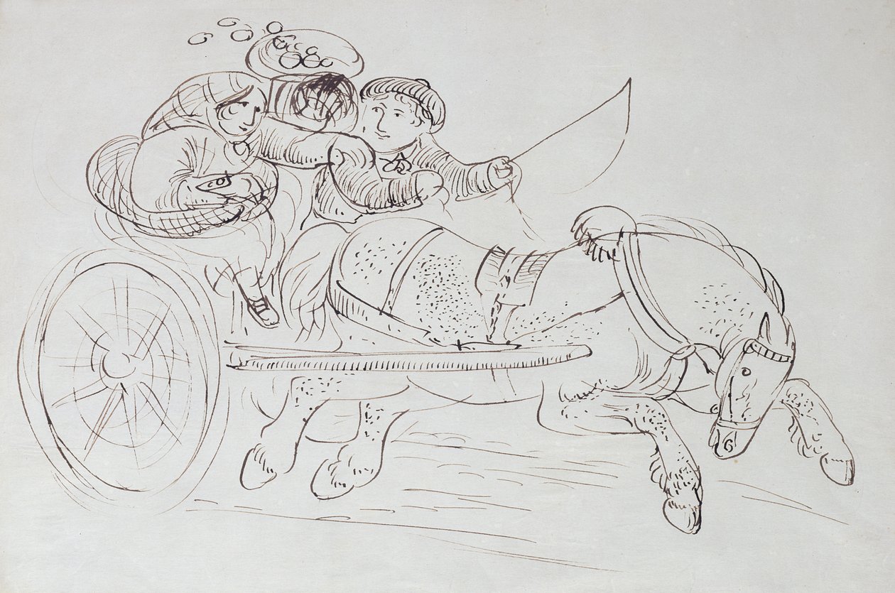 Par i en vagn dragen av en häst (sepia bläck på papper) av James Howe