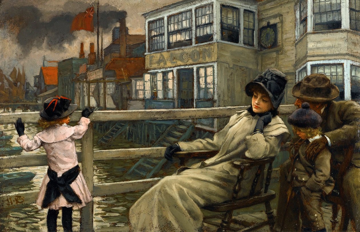 Akademisk konst: I väntan på färjan av Tissot, James Jacques Joseph (1836-1902). Olja på trä, 22,5x32,5. Privat samling av James Jacques Joseph Tissot