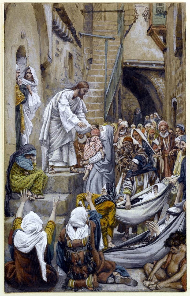 Och hela staden samlades vid dörren, illustration till The Life of Christ, c.1884-96 (wc & gouache på kartong) av James Jacques Joseph Tissot