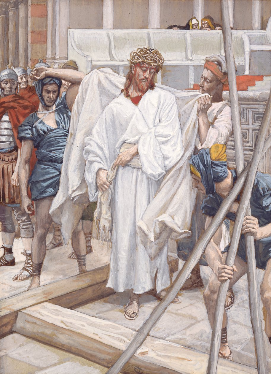 Och de sätter honom i hans egna kläder, illustration till The Life of Christ, c.1886-94 (wc & gouache på kartong) av James Jacques Joseph Tissot