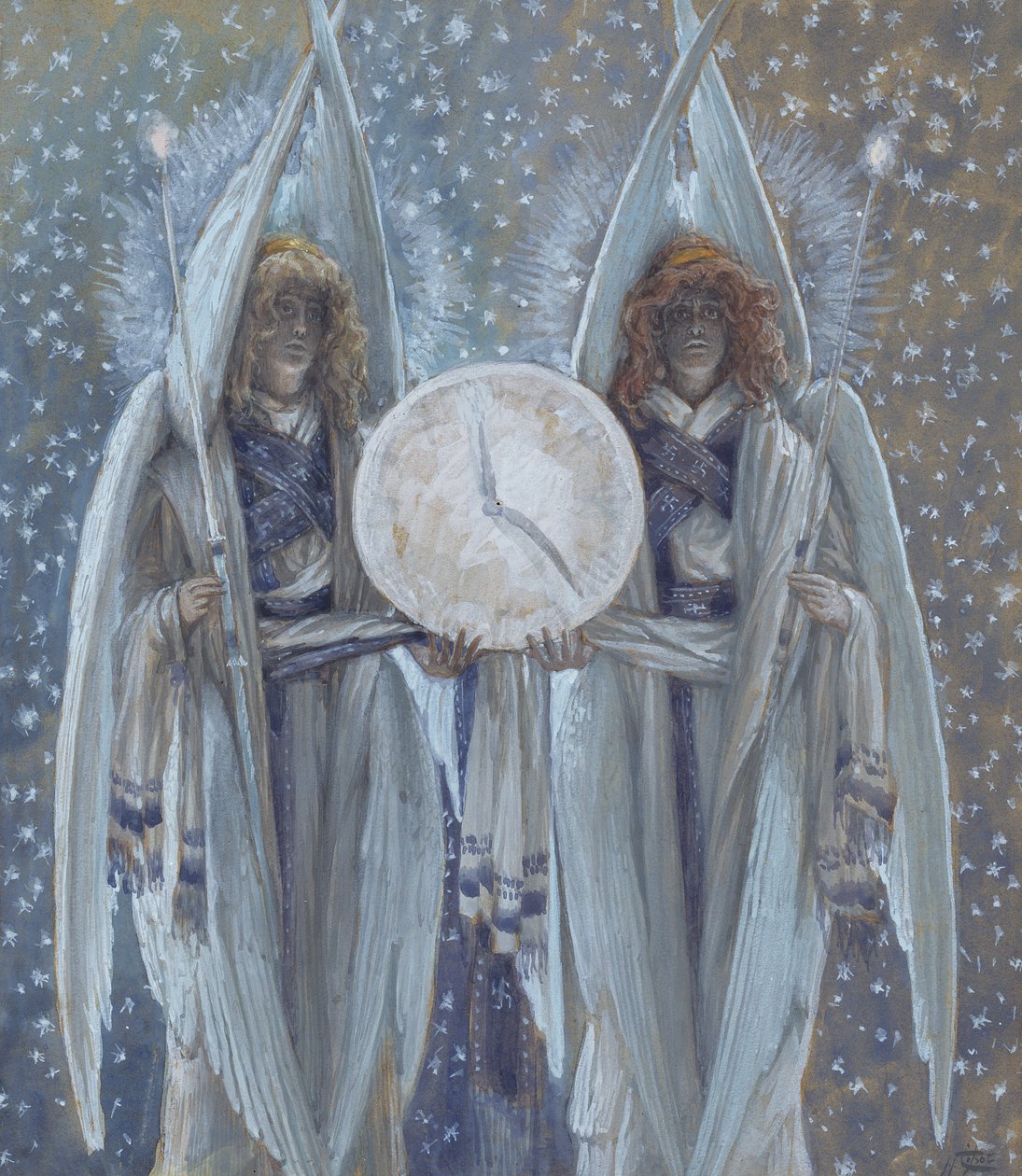 Änglar som stöder en urtavla som indikerar timmarna för de olika scenerna av passionen, illustration till The Life of Christ, c.1886-94 (wc & gouache på kartong) av James Jacques Joseph Tissot