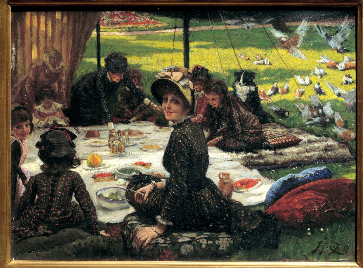 Frukost på gräset Familjens picknickscen. Målning av Jacques Joseph (Jacques-Joseph) Tissot dit James Tissot (1836-1902) av James Jacques Joseph Tissot