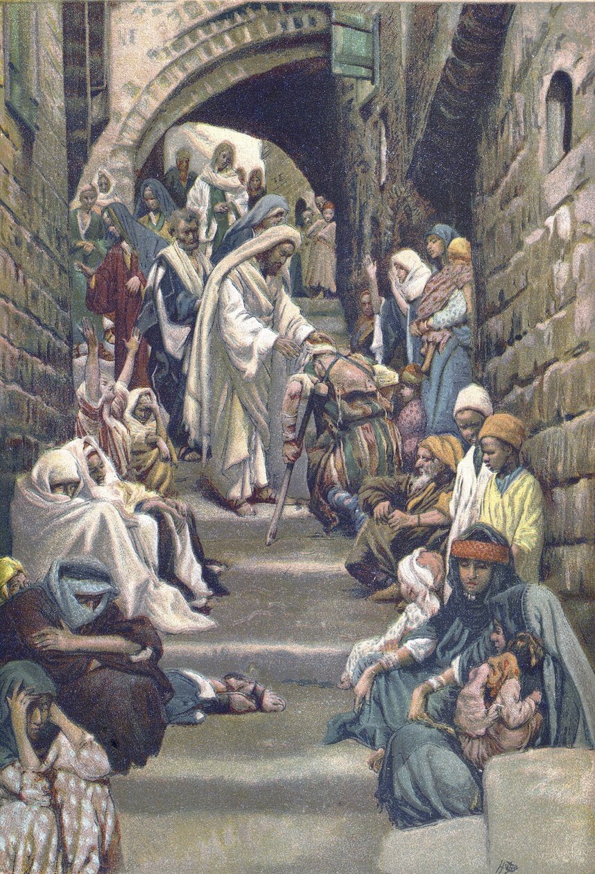 I byarna fördes de sjuka till honom - från "" The Life of Our Lord Jesus Christ"" - 1899 av James Tissot - La vie de notre seigneur Jesus Christ, av Jacques Joseph av James Jacques Joseph Tissot