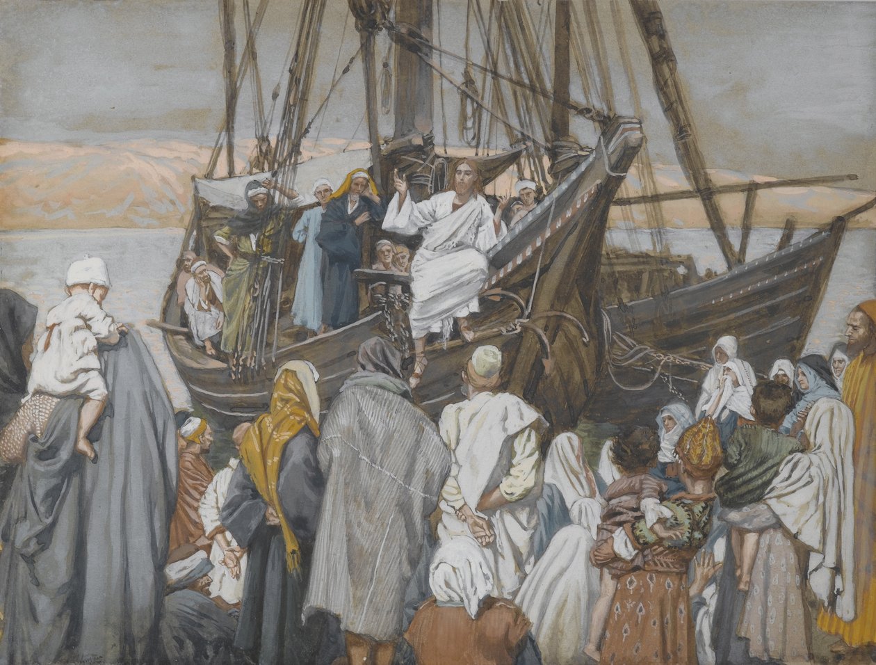 Jesus Preaches in a Ship, illustration från Vår Herre Jesu Kristi liv (wc över grafit på papper) av James Jacques Joseph Tissot