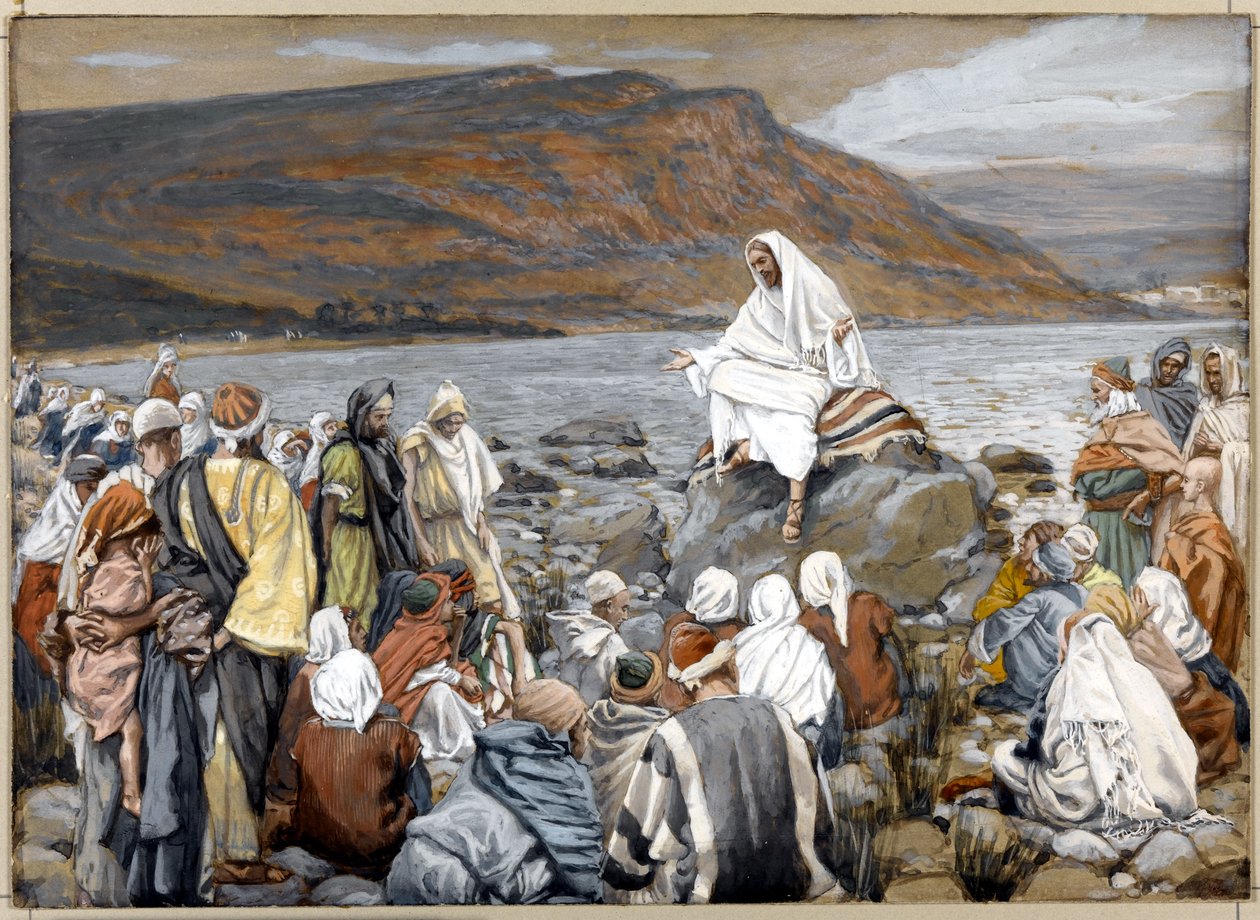 Jesus Teachs the People by the Sea, illustration till The Life of Christ, ca 1886-96 (ogenomskinlig akvarell över grafit på grå vävd kartong) av James Jacques Joseph Tissot