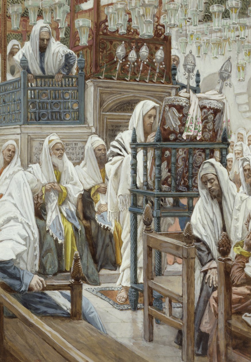 Jesus rullar upp boken i synagogan, illustration till The Life of Christ, c.1886-96 (wc på papper) av James Jacques Joseph Tissot