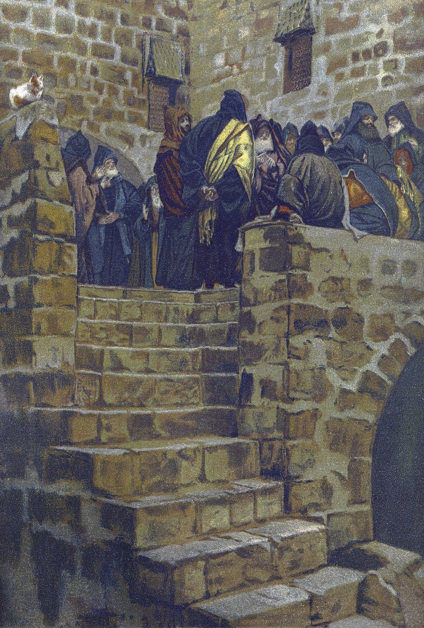 La deliberation nefaste de Joseph Caiphe - The Evil Counsel of Caiaphas - från "" The Life of Our Lord Jesus Christ"" - 1899 av James Tissot - La vie de notre seigneur Jesus Christ, av Jacques Joseph (Jacques-Joseph) Tissot dit James Tissot (1836-1902) av James Jacques Joseph Tissot