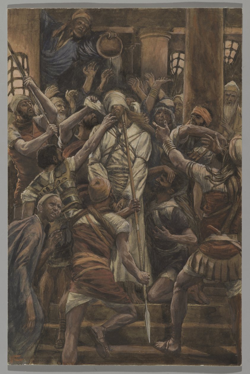 Misshandel i Kaifas hus, illustration från Vår Herre Jesu Kristi liv, 1886-94 (wc över grafit på papper) av James Jacques Joseph Tissot