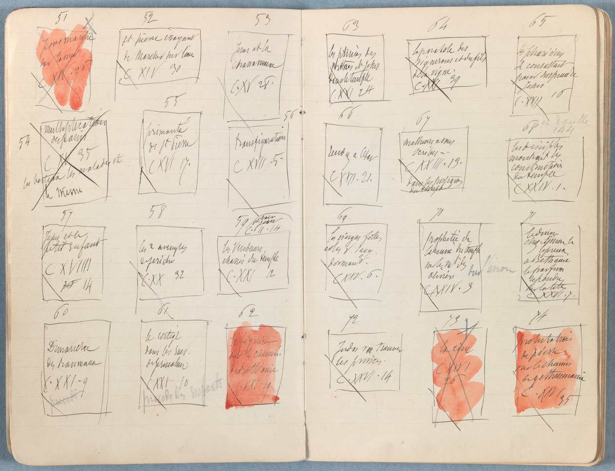 Sidor från ett album med Sketches for The Life of Our Lord Jesus Christ, sent 1880-tal (grafit och tvätt på papper) av James Jacques Joseph Tissot