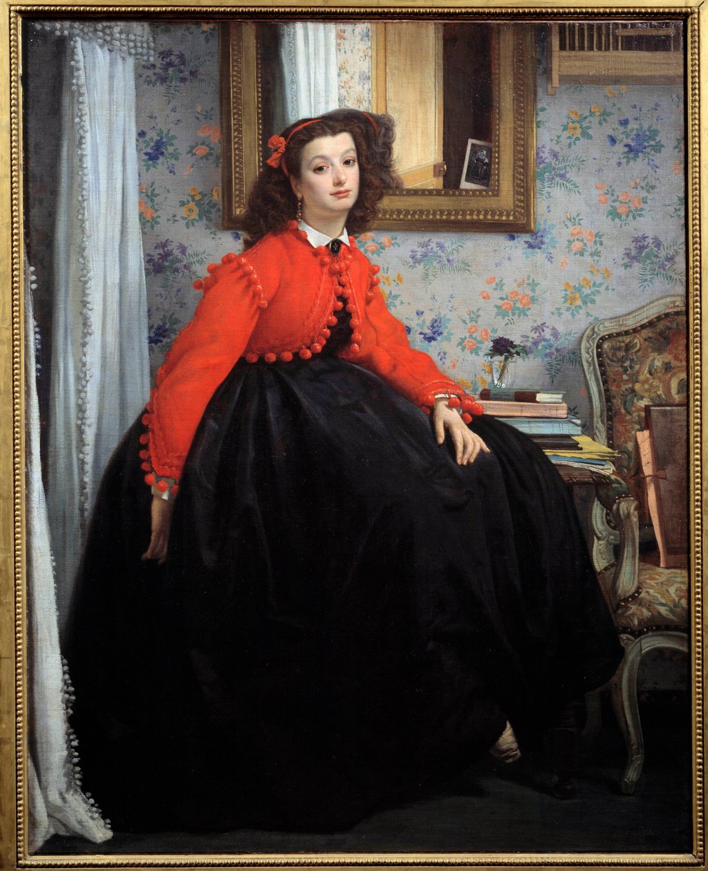Hellängdsporträtt av Mademoiselle L. L., eller ung flicka i röd jacka Målning av Jacques Joseph (Jacques-Joseph) Tissot dit James Tissot (1836-1902) 1864 Sön. 1,24x0,99m Paris, Orsay-museet av James Jacques Joseph Tissot