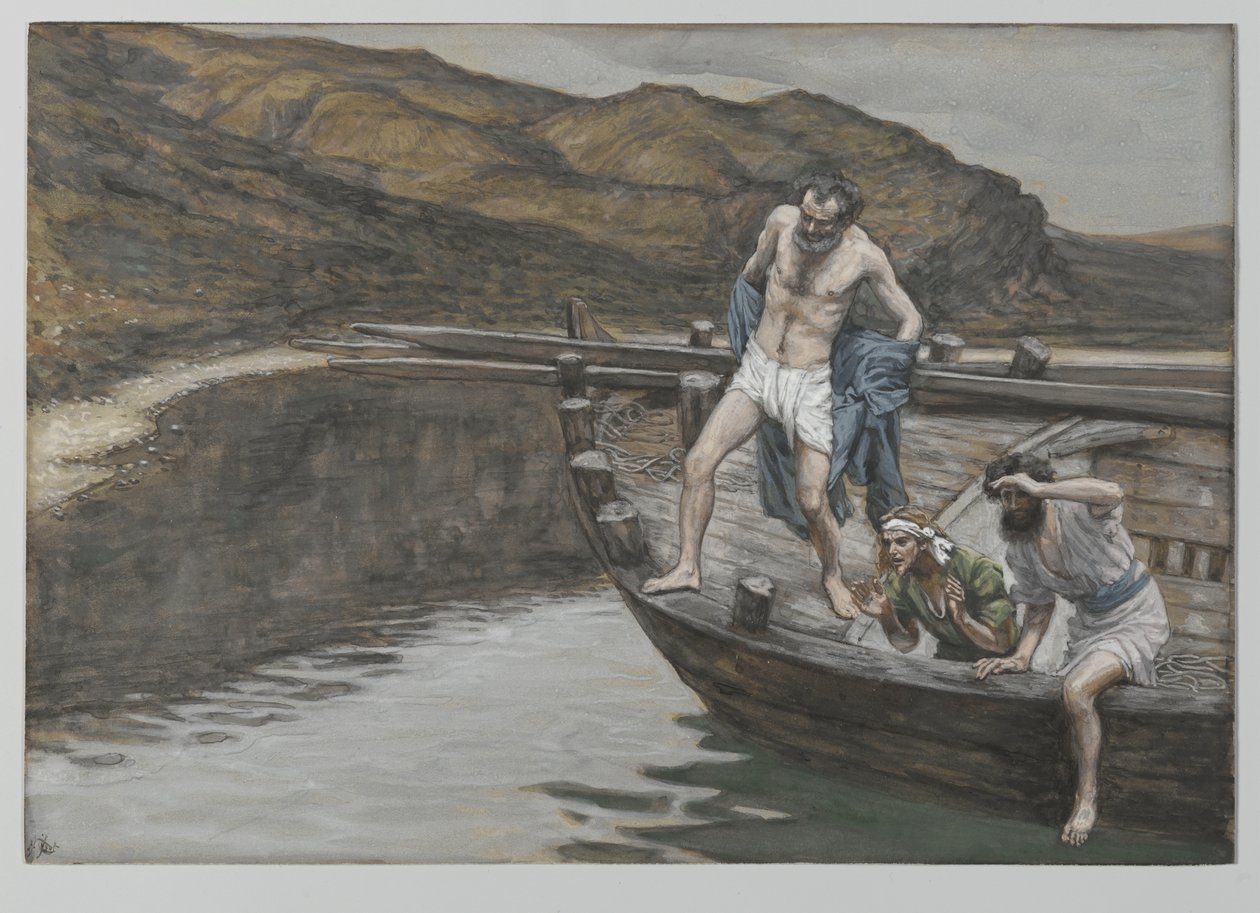 Sankt Peter larmade av Johannes om Herrens närvaro kastar sig i vattnet, illustration från Vår Herre Jesu Kristi liv, 1886-94 (wc över grafit på papper) av James Jacques Joseph Tissot