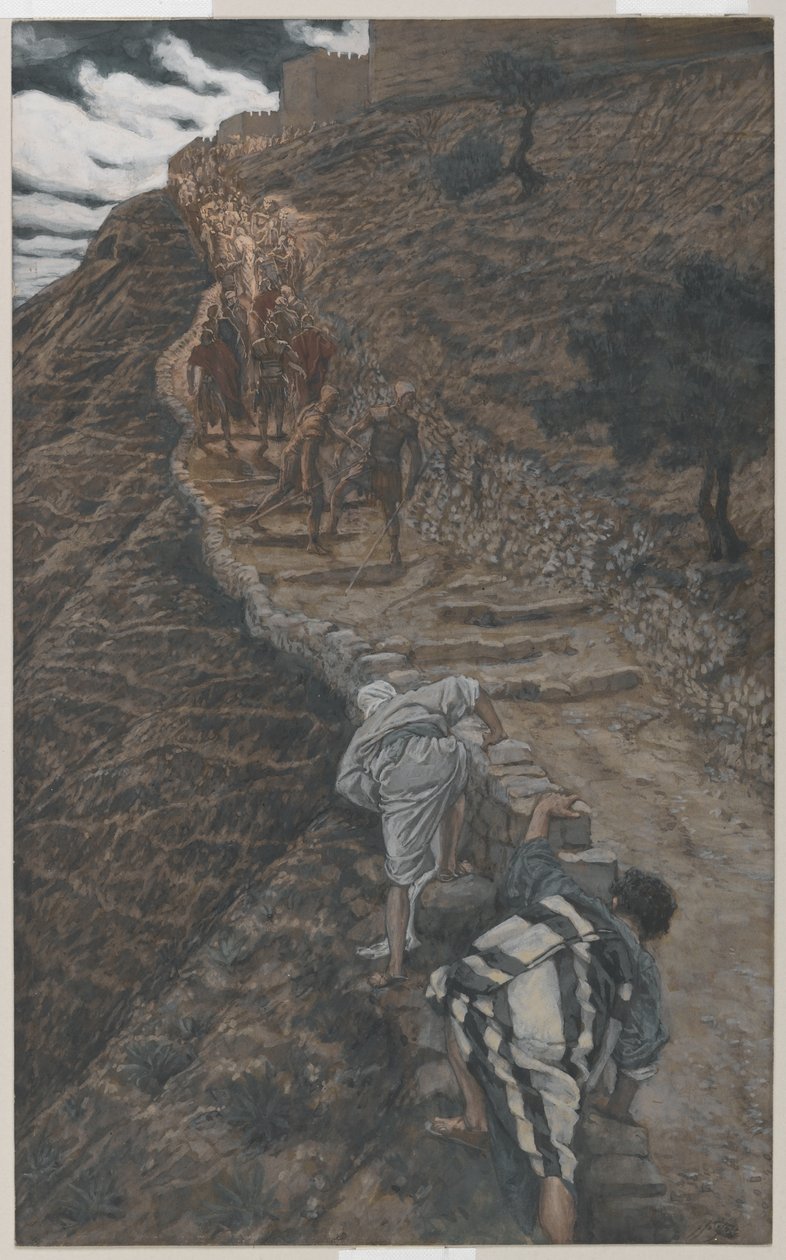 Sankt Peter och Sankt Johannes följer på avstånd, illustration från Vår Herre Jesu Kristi liv, 1886-94 (wc över grafit på papper) av James Jacques Joseph Tissot