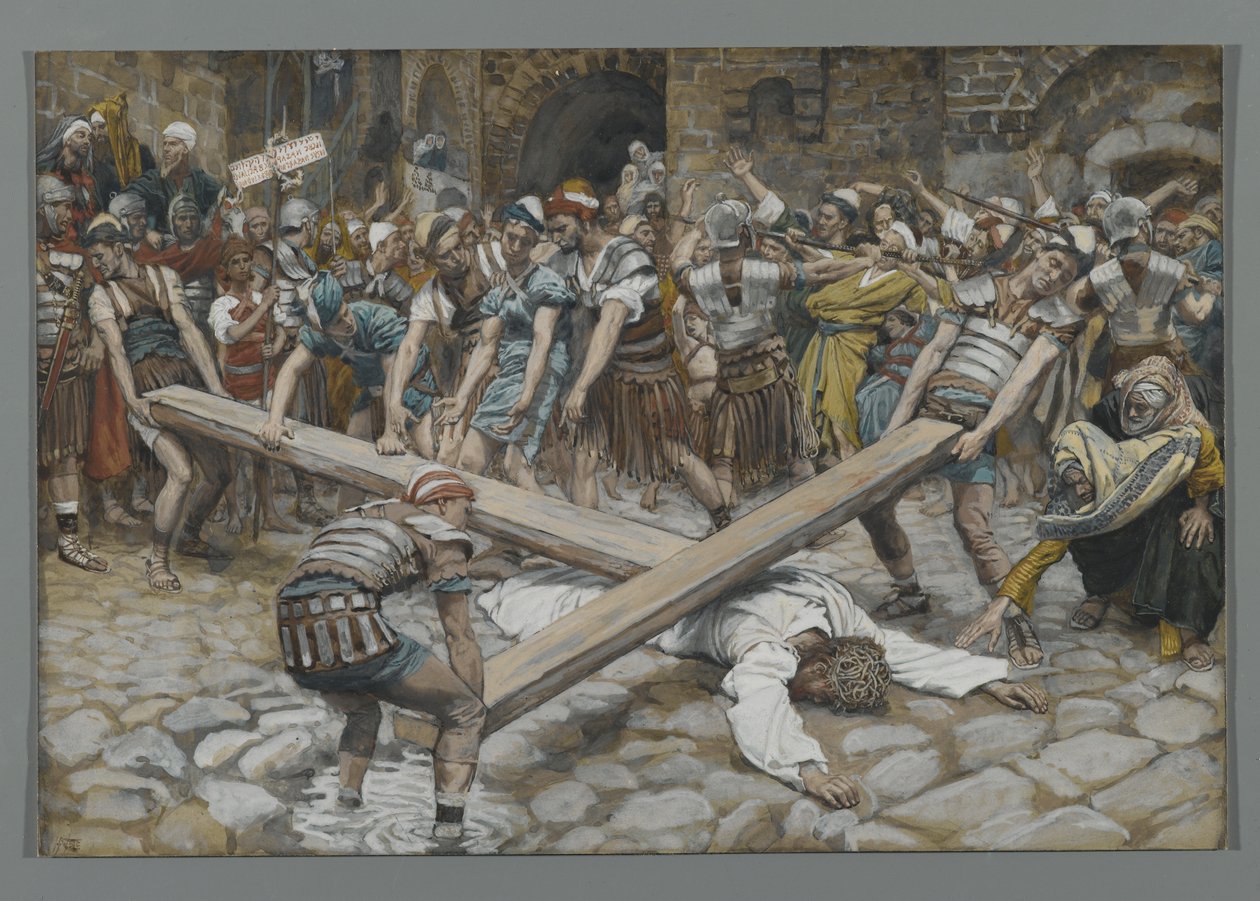 Simon the Cyrenian tvingad att bära korset med Jesus, illustration från The Life of Our Lord Jesu Christ, 1886-94 (wc över grafit på papper) av James Jacques Joseph Tissot