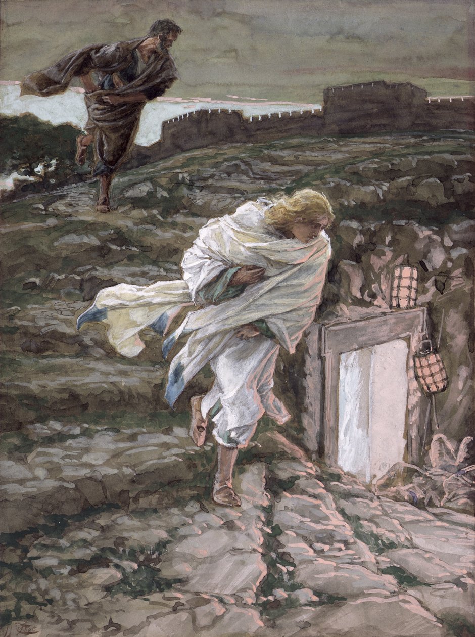 St. Peter och St. John springer till graven, illustration till The Life of Christ, c.1886-94 (wc & gouache på kartong) av James Jacques Joseph Tissot