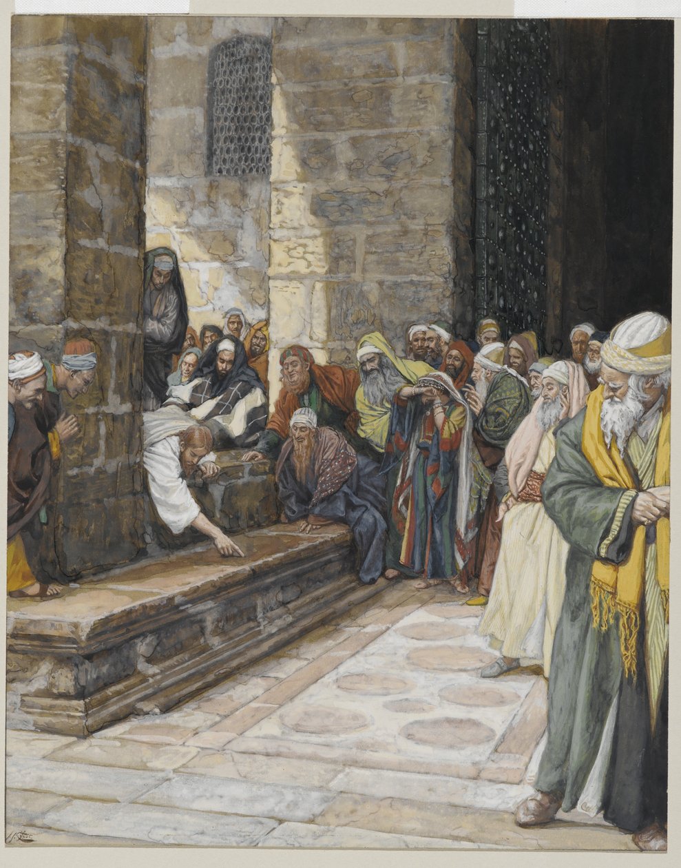 The Adulterous Woman - Christ Writing on the Ground, illustration från The Life of Our Lord Jesus Christ, 1886-94 (wc över grafit på papper) av James Jacques Joseph Tissot