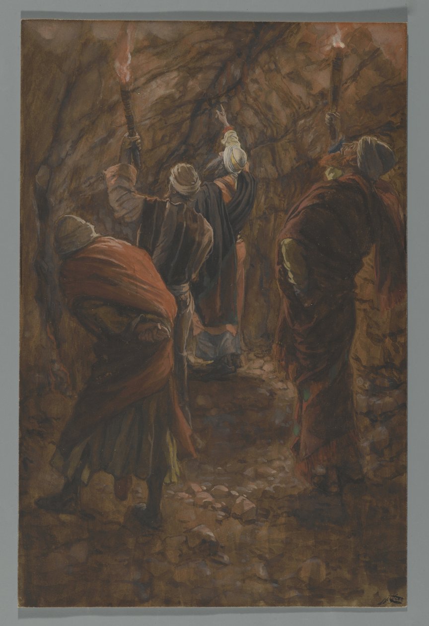 The Chasm in the Rock in the Cave Beneath Golgata, illustration från The Life of Our Lord Jesus Christ, 1886-94 (wc över grafit på papper) av James Jacques Joseph Tissot