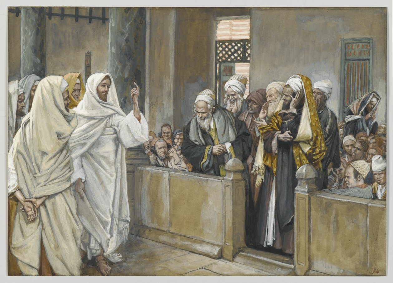 Översteprästerna frågar Jesus med vilken rätt han handlar på detta sätt, illustration från Vår Herre Jesu Kristi liv, 1886-94 (wc över grafit på papper) av James Jacques Joseph Tissot