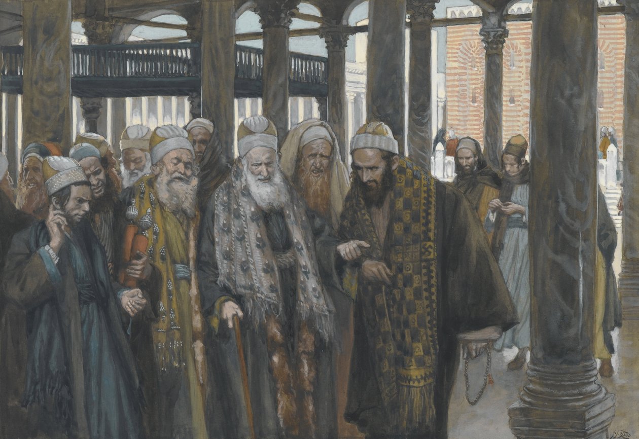 Överprästerna rådgör tillsammans, illustration från Vår Herre Jesu Kristi liv, 1886-94 (wc över grafit på papper) av James Jacques Joseph Tissot