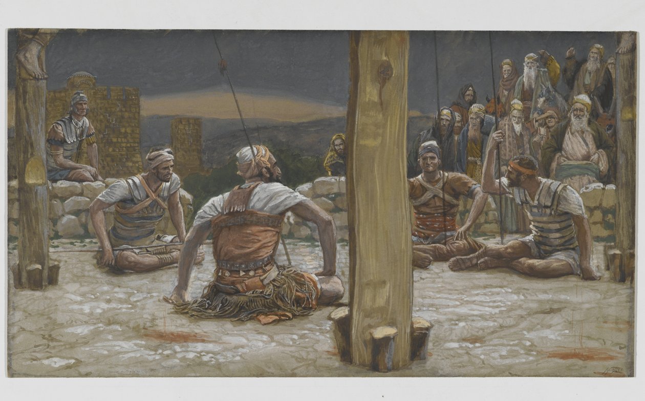 De fyra vakterna satte sig och tittade på honom, illustration från Vår Herre Jesu Kristi liv, 1886-94 (wc över grafit på papper) av James Jacques Joseph Tissot
