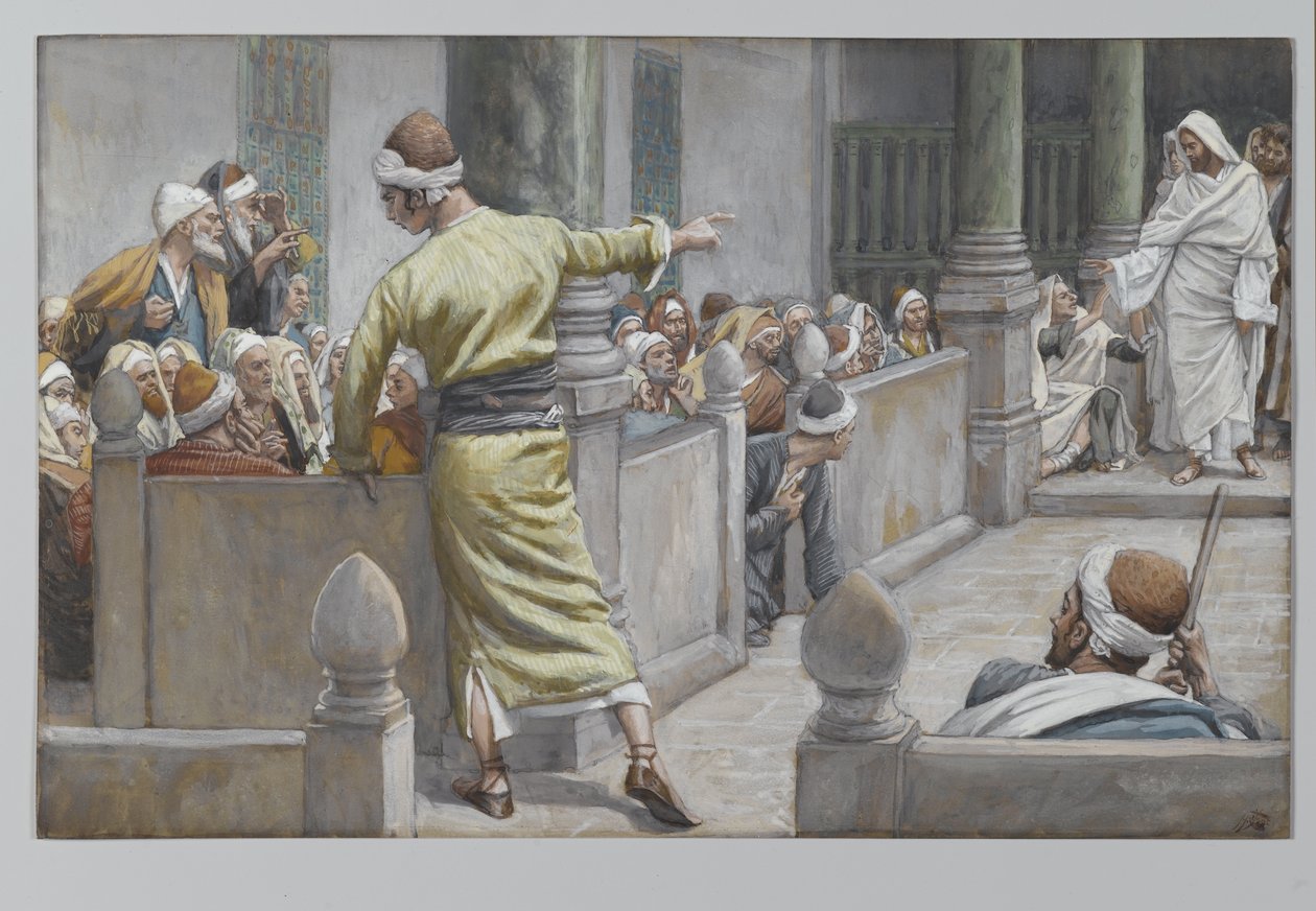Den helade blinde mannen berättar sin historia för judarna, illustration från Vår Herre Jesu Kristi liv, 1886-96 (wc över grafit på papper) av James Jacques Joseph Tissot