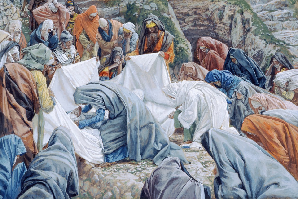 Den heliga jungfrun kysser Kristi ansikte innan det lindas in i det slingrande arket, illustration till The Life of Christ, c.1886-94 (wc & gouache på kartong) av James Jacques Joseph Tissot