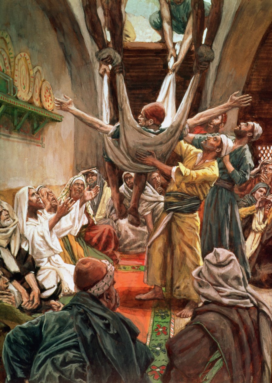 The Palsied Man släppt ner genom taket, illustration till The Life of Christ, c.1886-94 av James Jacques Joseph Tissot