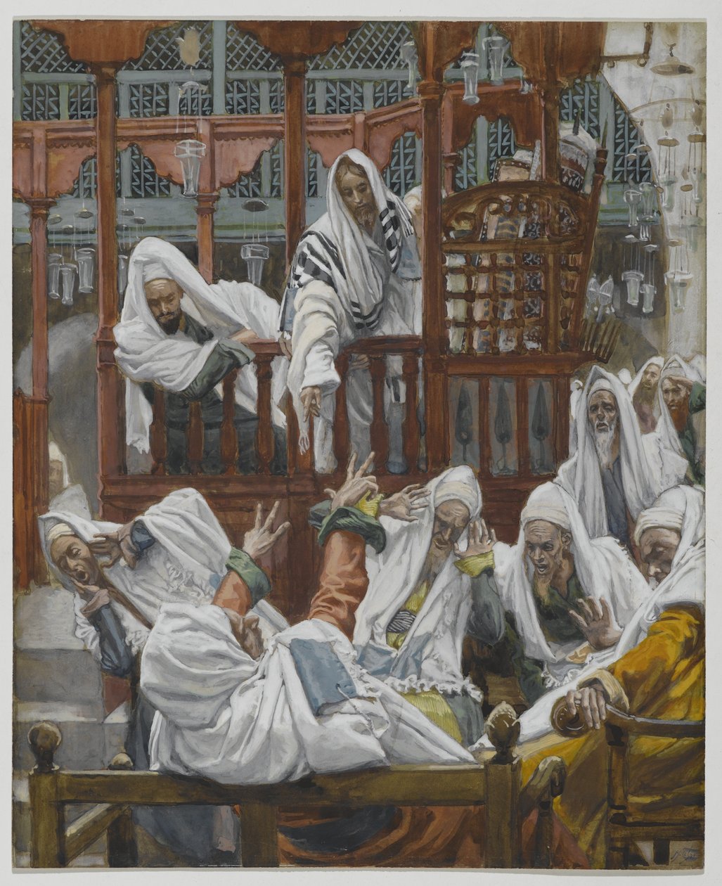 Den besatte mannen i synagogan, illustration från Vår Herre Jesu Kristi liv (wc över grafit på papper) av James Jacques Joseph Tissot
