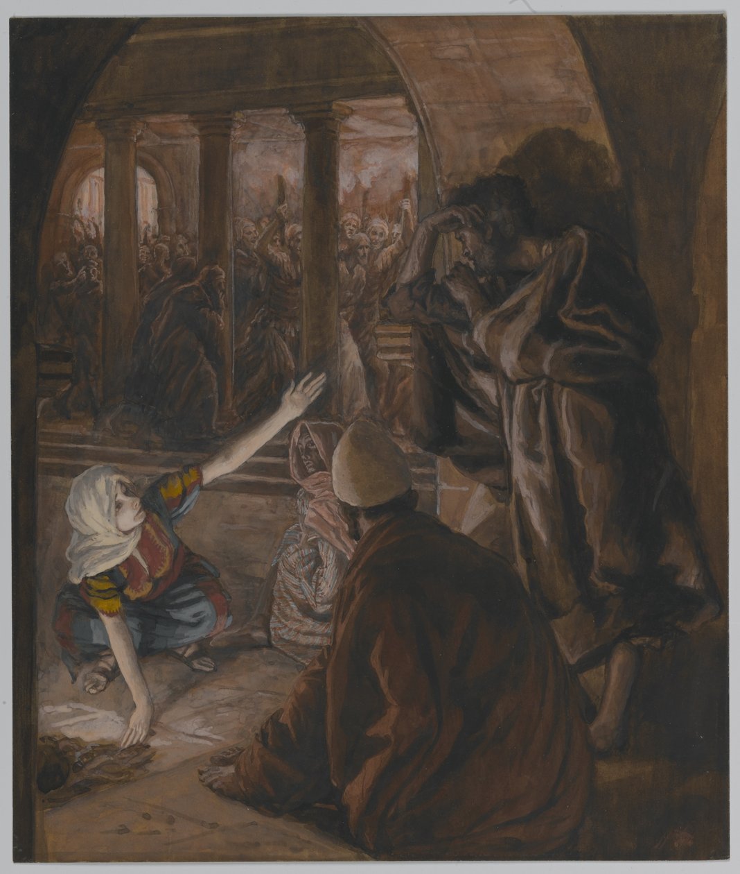 The Third Denial of Saint Peter - Jesus Look of Reproach, illustration från The Life of Our Lord Jesus Christ, 1886-94 (wc över grafit på papper) av James Jacques Joseph Tissot