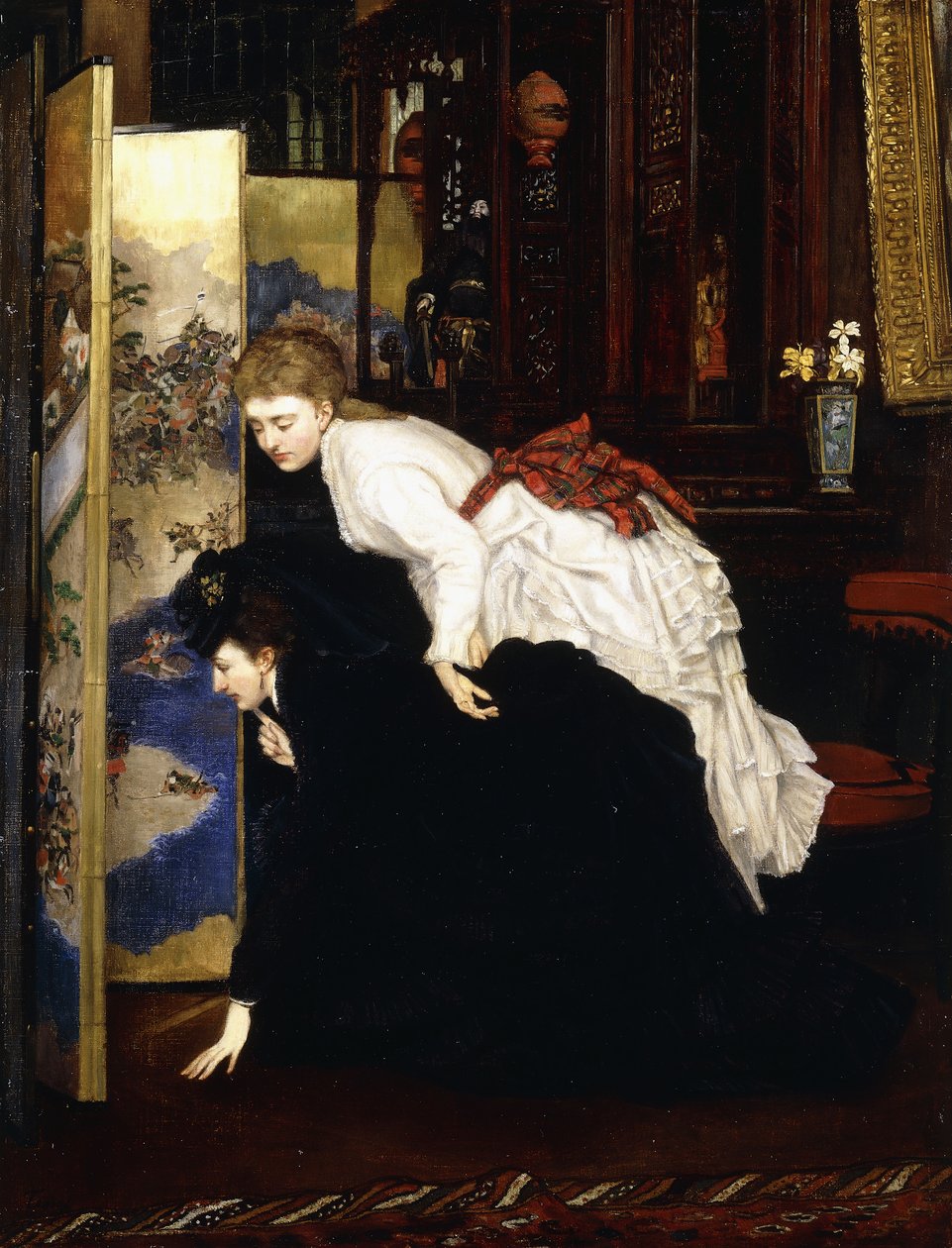 Unga kvinnor tittar på japanska föremål, ca 1869-1870 av James Jacques Joseph Tissot