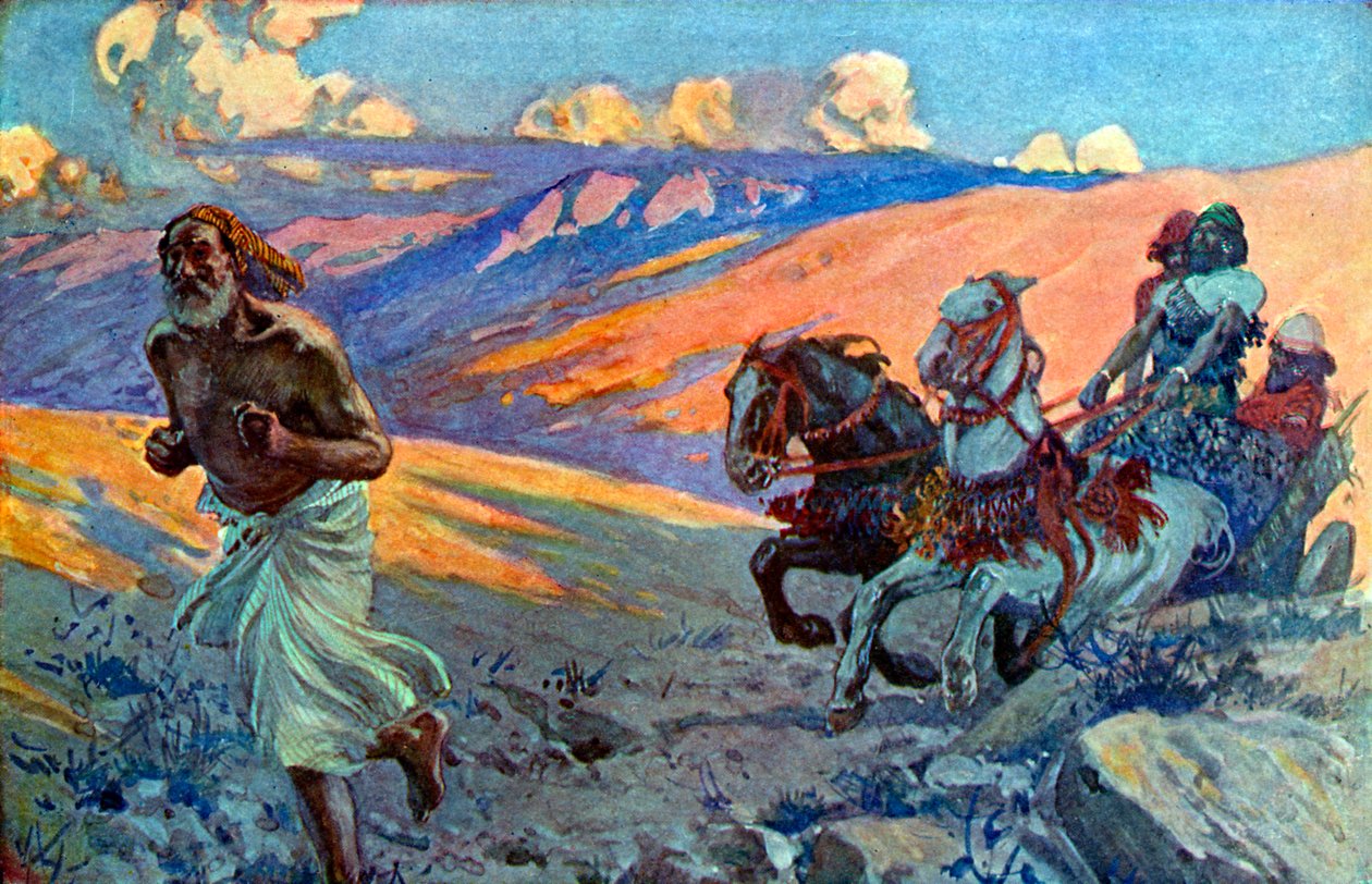 Elia springer framför Ahabs vagn - Bibeln av James Jacques Joseph after Tissot