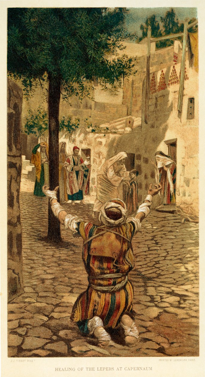 Helande av de spetälska i Kapernaum, Sankt Markus - Bibeln av James Jacques Joseph after Tissot