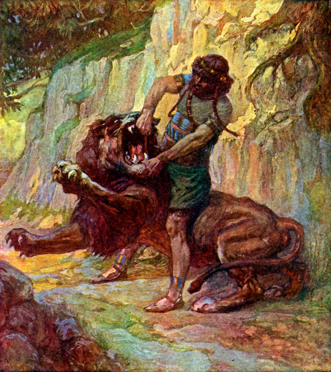 Simson dödar ett lejon av J James Tissot - Bibeln av James Jacques Joseph after Tissot