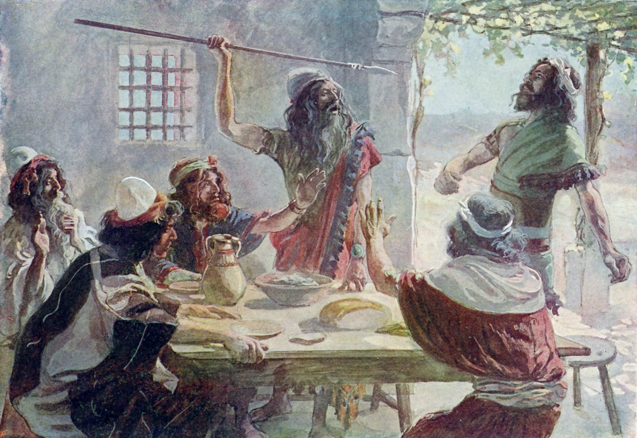 Saul kastar ett spjut mot Jonathan - Bibeln av James Jacques Joseph after Tissot