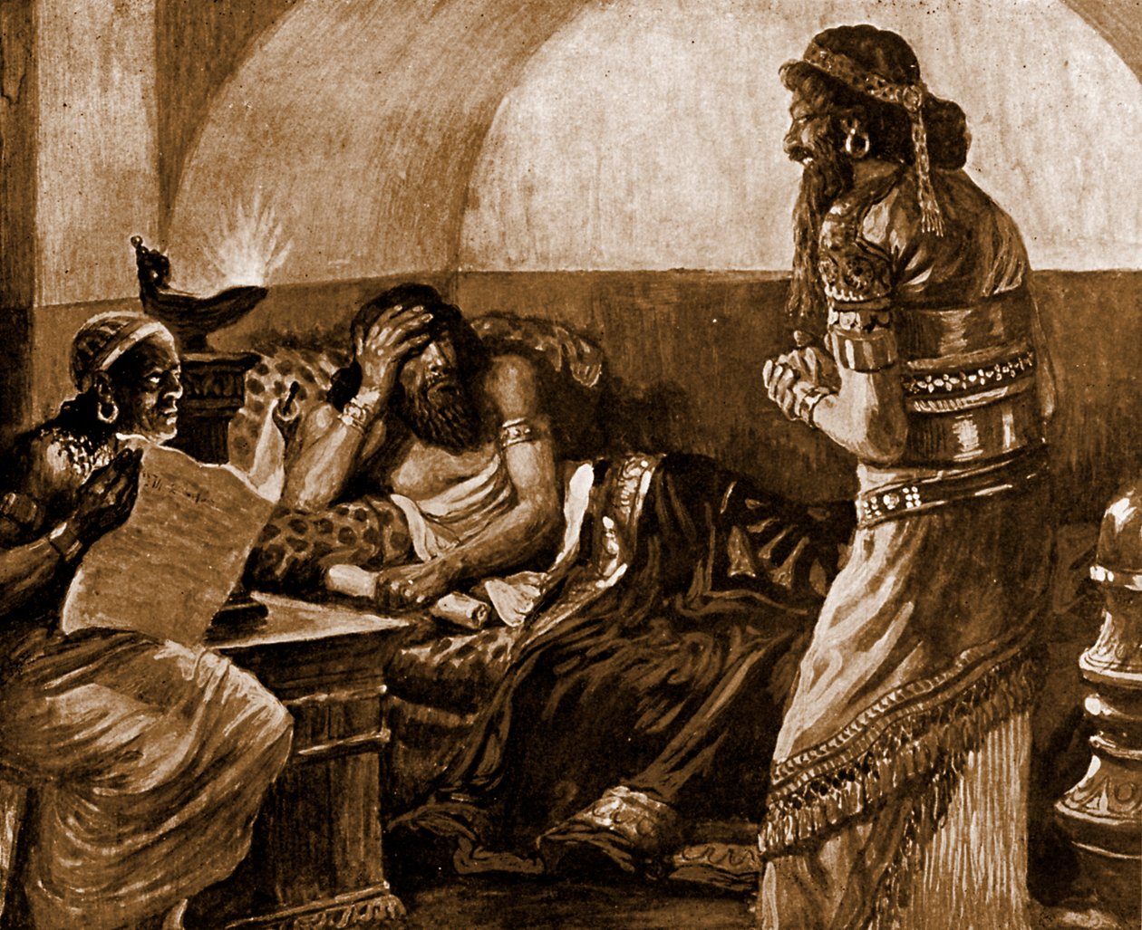 Krönikorna läses för Ahasveros - Bibeln av James Jacques Joseph after Tissot