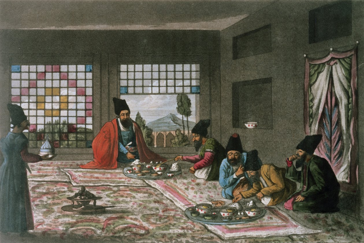 En persisk frukost från "En andra resa genom Persien 1810-16" graverad av Theodore H.A. Fielding (1781-1851) av James Justinian (after) Morier
