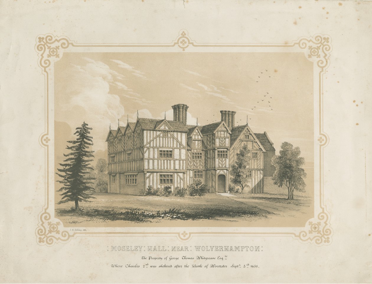Bushbury - Moseley Old Hall: litografi och [?1700-talet] av James Kellaway Colling