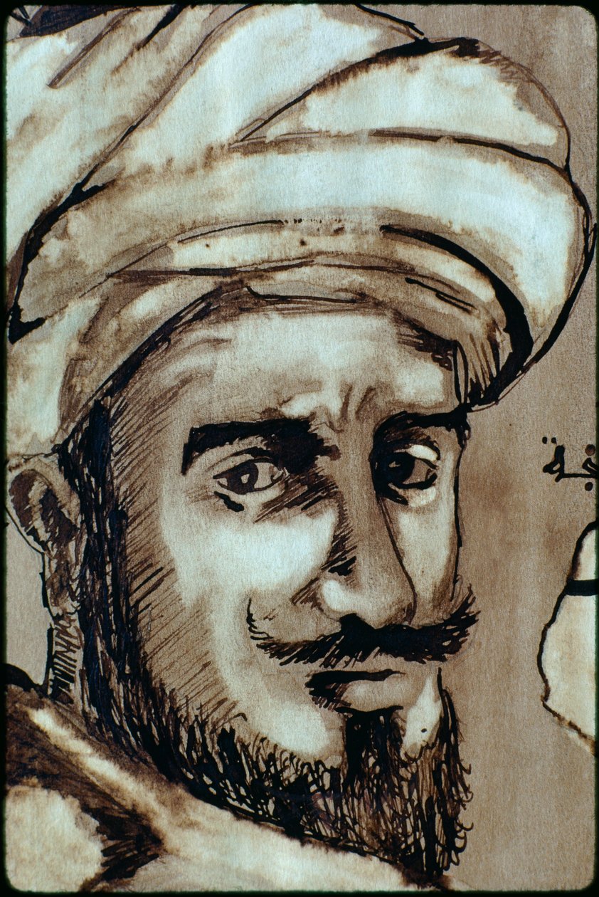 APorträtt av den islamiske mystikern och vandraren Ibn Battuta. TANGIER, MAROCKO. av James L Stanfield