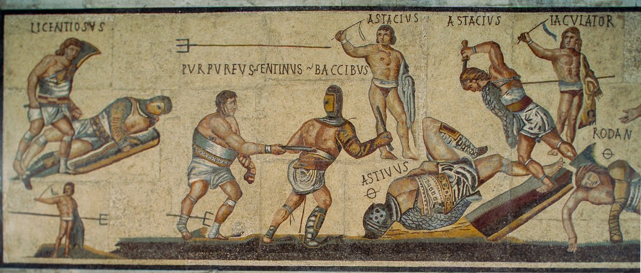 Romersk mosaik som visar gladiatorer som kämpar med olika vapen. Galleria Borghese... av James L Stanfield