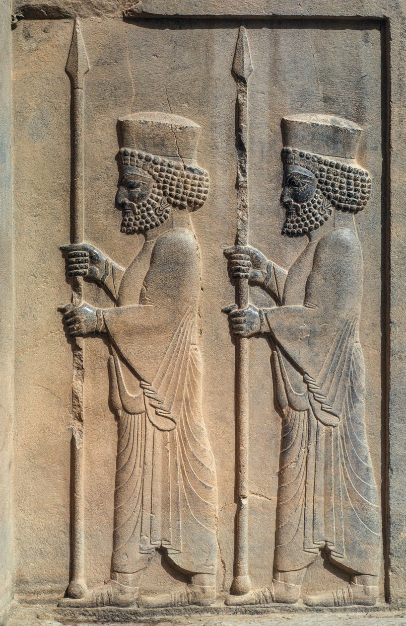 En skulpterad relief i Persepolis. Darius I började bygga sin ceremoniella huvudstad... av James L Stanfield